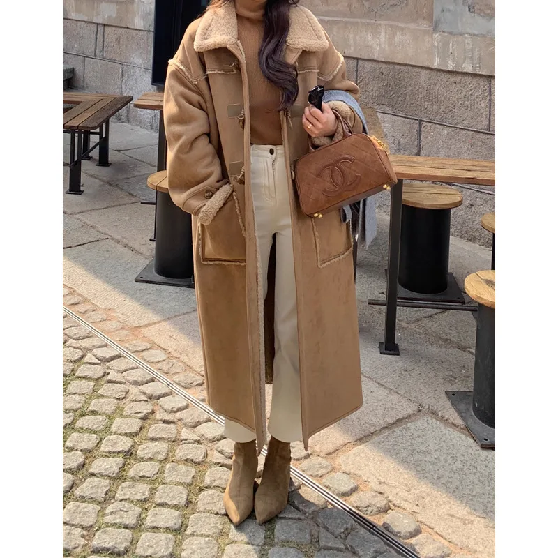 Hooded Faux Suede Lambswool Coat Thickened Long Section Overcoat Khaki Lapel Style - Shop at LoveMi