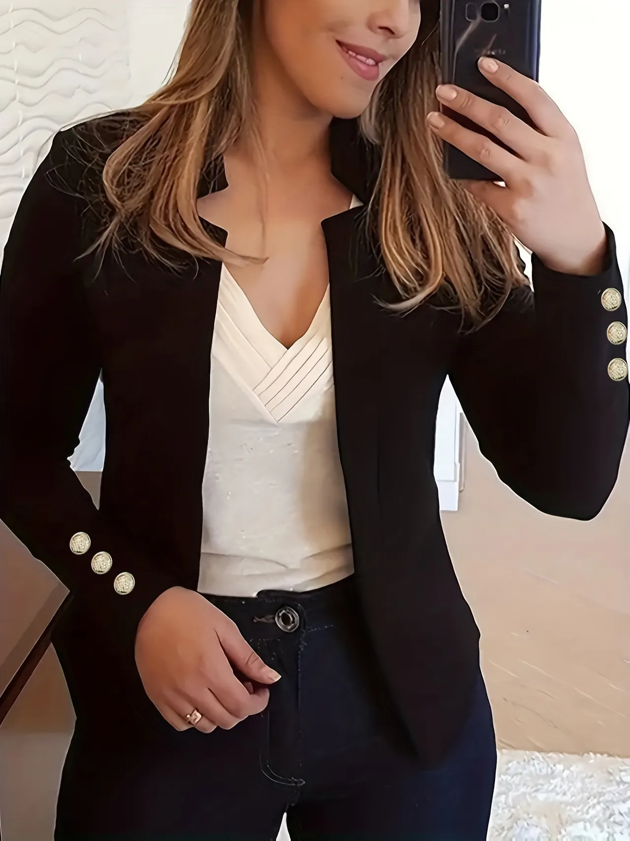 Solid Color Cuff Small Suit Long Sleeve Jacket Suit - Black