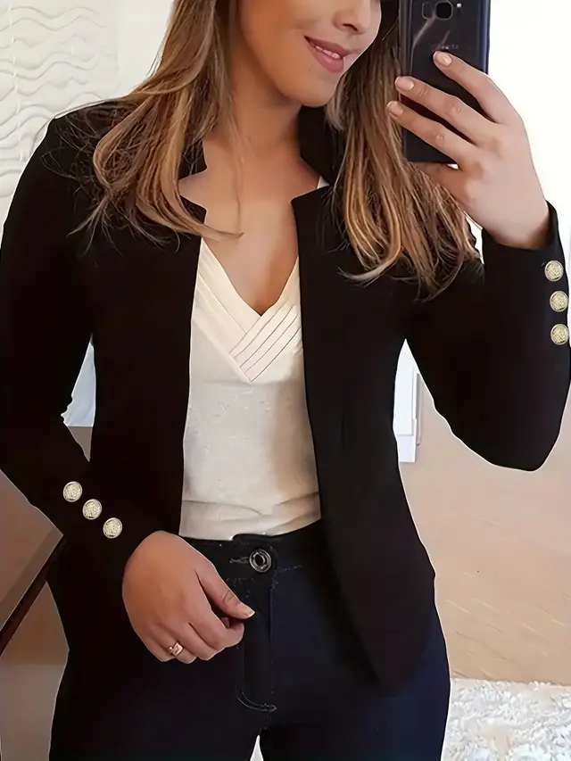 Solid Color Cuff Small Suit Long Sleeve Jacket Suit Black - Shop at LoveMi