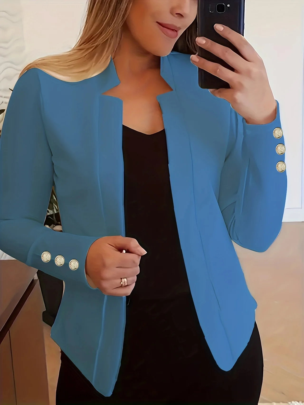 Solid Color Cuff Small Suit Long Sleeve Jacket Suit - Blue