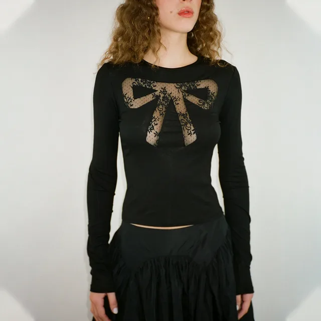 Round Neck Bowknot Printed Midriff baring Long Sleeve Top T shirt Black - Shop at LoveMi