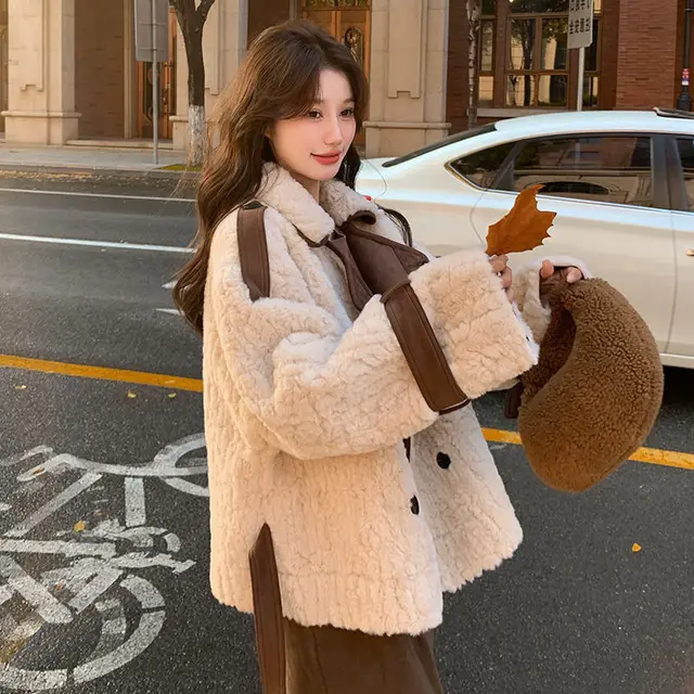 Retro Color Contrast Patchwork Lapel Loose Double Breasted Fur Coat - Shop at LoveMi