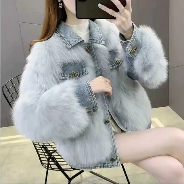 Denim Stitching Fur Coat For Women Autumn And Winter Light Gray - Shop at LoveMi