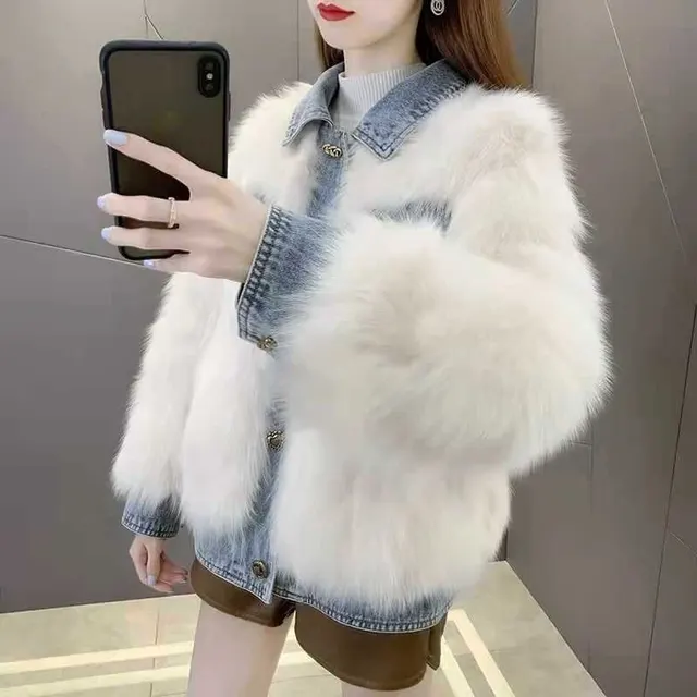 Denim Stitching Fur Coat For Women Autumn And Winter White - Shop at LoveMi