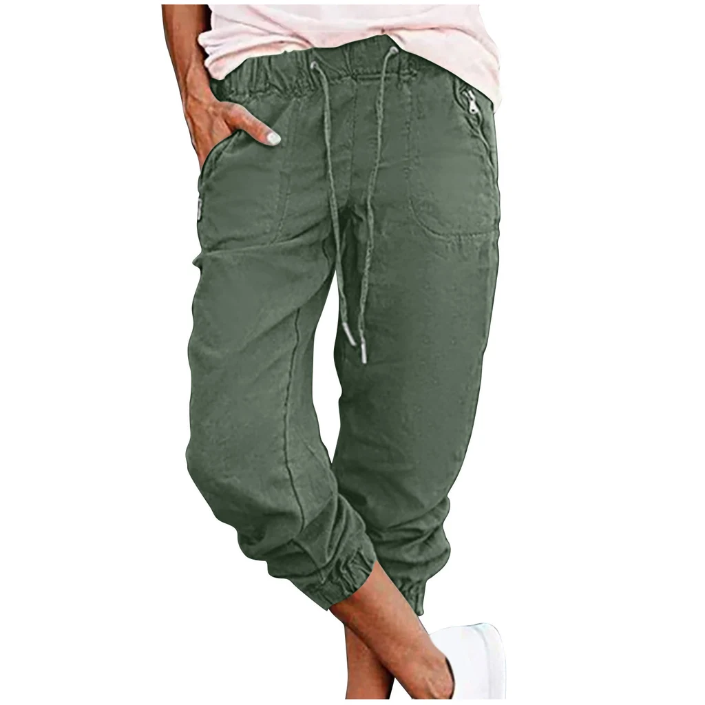 Women's Solid Color Casual Zipper Pocket Elastic Waist Overalls Cropped Pants - Green