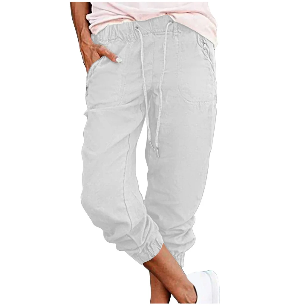 Women's Solid Color Casual Zipper Pocket Elastic Waist Overalls Cropped Pants - White