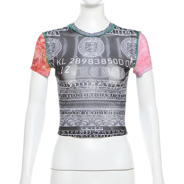 Women's Color Block Digital Printed Short sleeved T shirt Black - Shop at LoveMi
