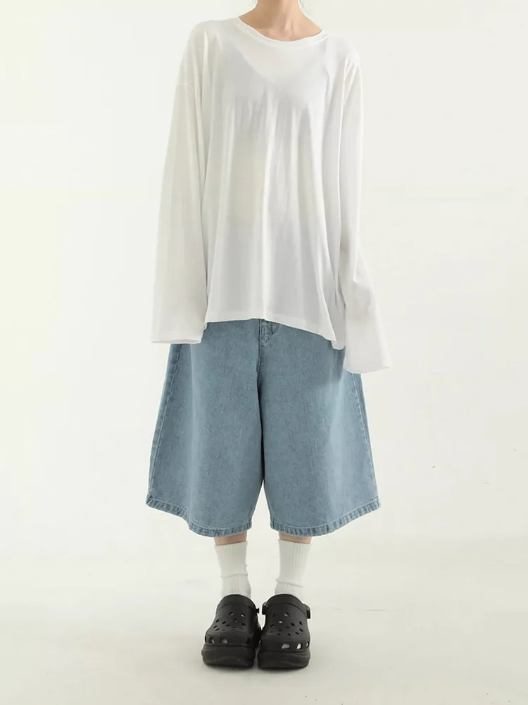 American Retro Denim Cropped Pants Women's Elastic Waist Straight Wide Leg Loose Thin Over The Knee Blue - Shop at LoveMi