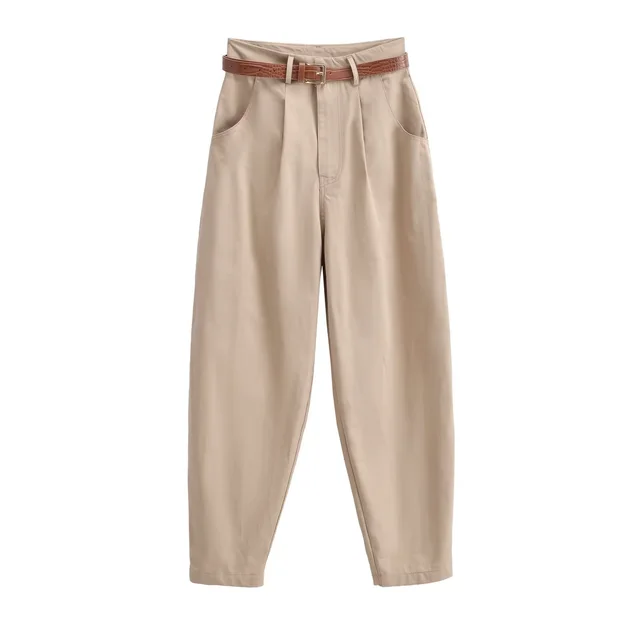 Women's Solid Color With Belt Casual Trousers Khaki - Shop at LoveMi