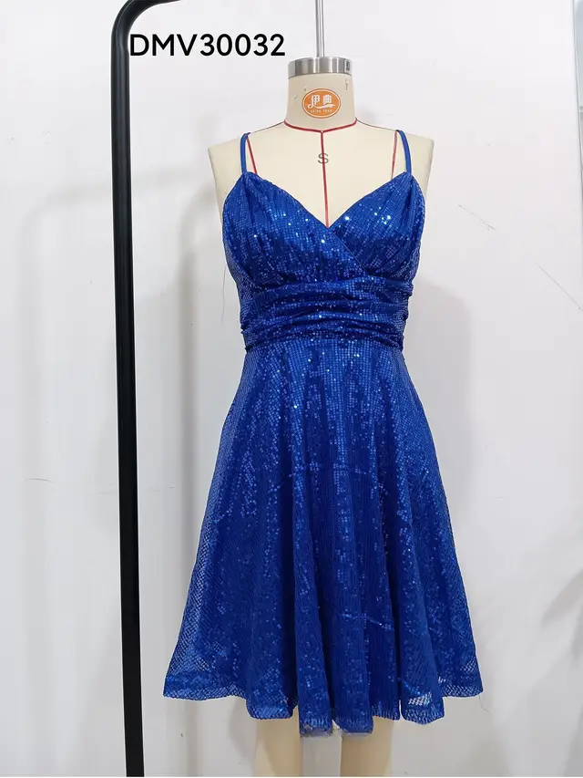 Autumn And Winter New Women's Sexy Gorgeous Sequined Dress Pleated Cross Strap Vacation Style Dress Sapphire Blue - Shop at LoveMi
