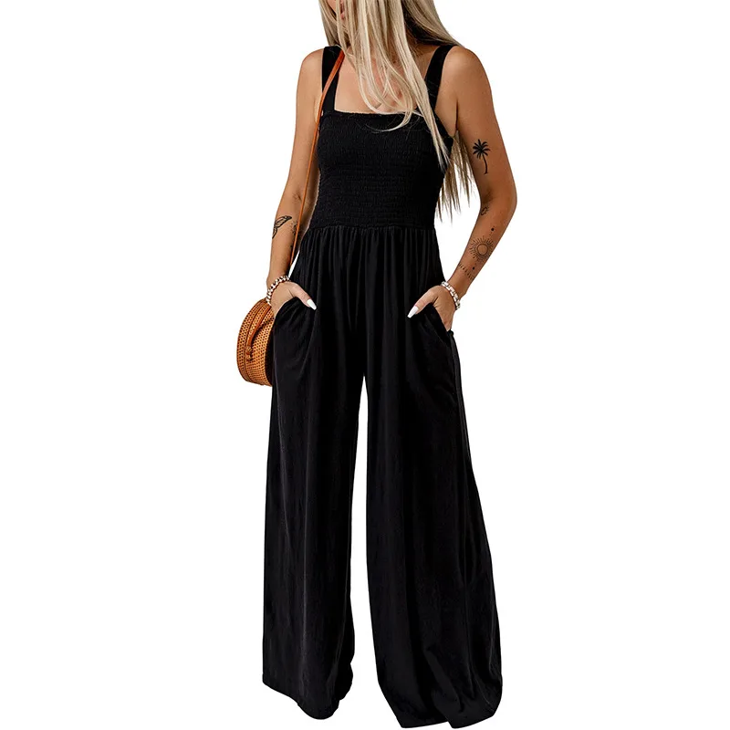 Summer Square Neck High Waist Jumpsuit Women's Backless Pleated Design Wide Leg Trousers Clothing - Black
