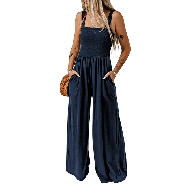 Summer Square Neck High Waist Jumpsuit Women's Backless Pleated Design Wide Leg Trousers Clothing Blue - Shop at LoveMi