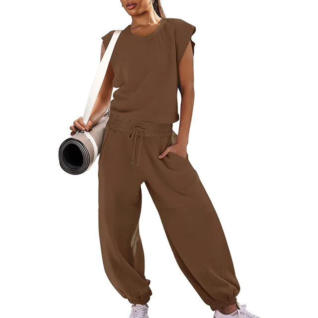Summer Loose Sleeveless Long Jumpsuit With Backless Design Fashion Elastic Waist And Pockets Straight Jumpsuit Womens Clothing Coffee - Shop at LoveMi