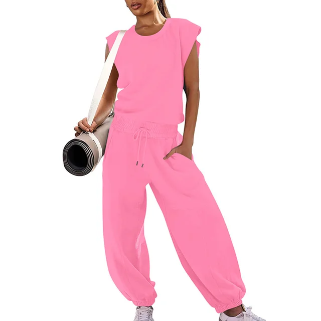 Summer Loose Sleeveless Long Jumpsuit With Backless Design Fashion Elastic Waist And Pockets Straight Jumpsuit Womens Clothing Pink - Shop at LoveMi