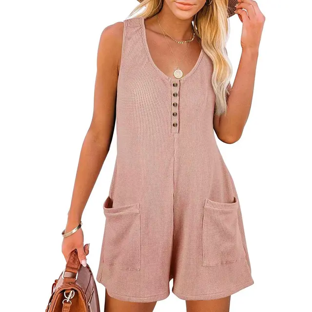 Casual Waffle Button Jumpsuit With Pockets Fashion Summer Beach Straight Shorts Overall Pants Womens Clothing Pink - Shop at LoveMi