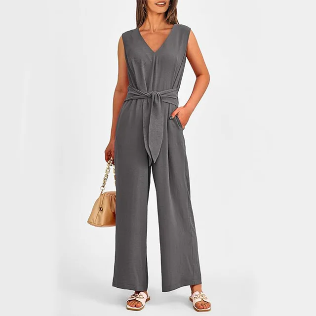 New V neck Sleeveless Long Jumpsuit With Pockets And Lace up Design Wide leg Straight Trousers Summer Womens Clothing Grey - Shop at LoveMi