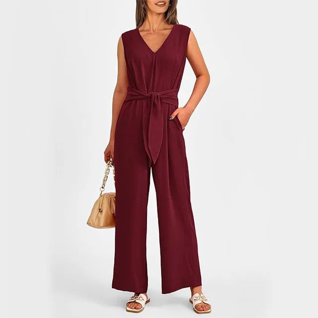 New V neck Sleeveless Long Jumpsuit With Pockets And Lace up Design Wide leg Straight Trousers Summer Womens Clothing Wine Red - Shop at LoveMi