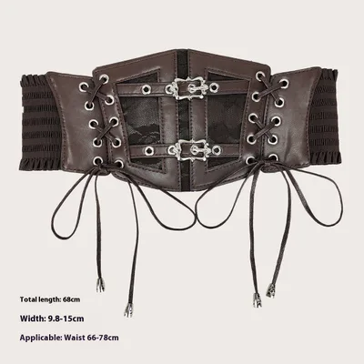 Vintage Lace Strap Ladies Decoration Fashionable Outerwear Elasticated Waist Width Leather Belt Brown Silver Buckle - Shop at LoveMi