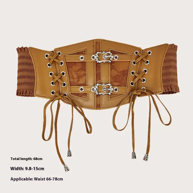 Vintage Lace Strap Ladies Decoration Fashionable Outerwear Elasticated Waist Width Leather Belt Camel Silver Buckle - Shop at LoveMi