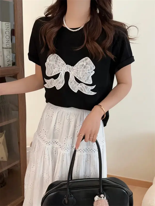 Base Cotton Water washing Embroidery Bow Student Short Sleeve Black - Shop at LoveMi