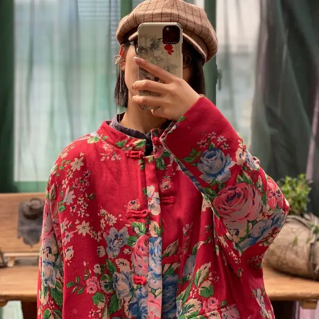 Large Loose Pockets Placket Long Double Layer Cotton Padded Coat Red Big Flower - Shop at LoveMi