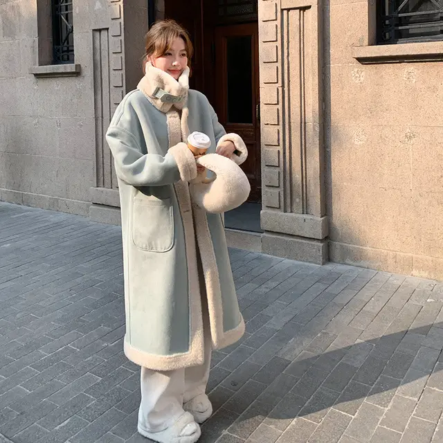 Women's Stand Collar Loose Stitching Design Sweet Cool Long Fur Coat Blue And White - Shop at LoveMi
