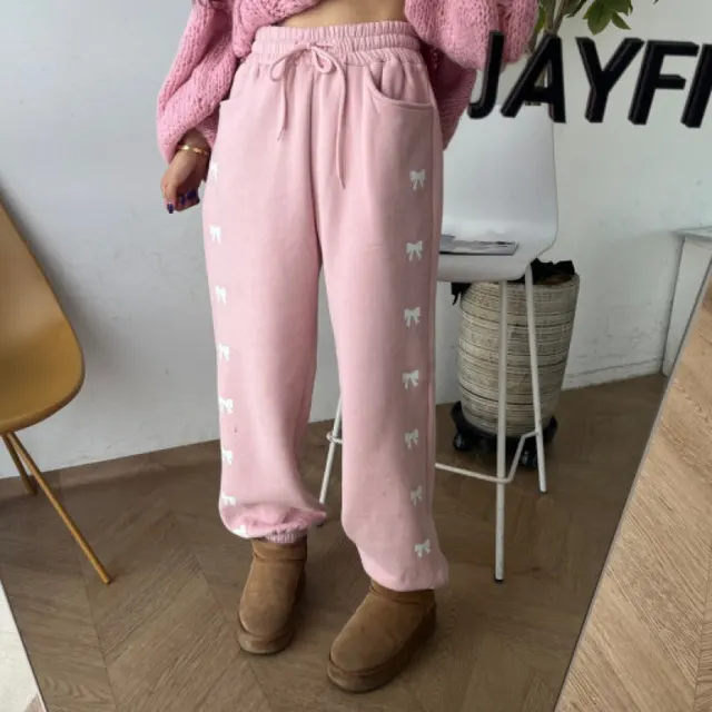 High Waist Elastic Bowknot Printing Plus Velvet Casual Pants White - Shop at LoveMi