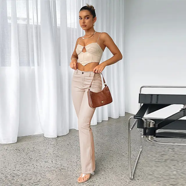 Fashion New Women's High Elastic PU Leather Pants Almond White - Shop at LoveMi