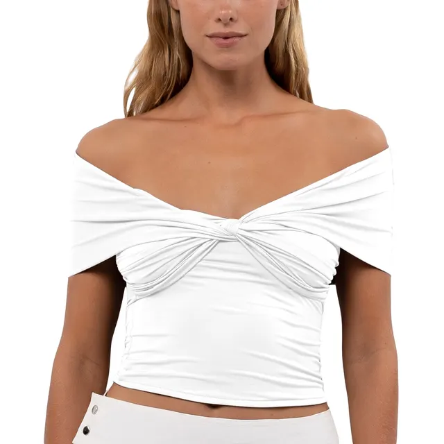 Solid Color Sleeve Off shoulder Pleated Tight Cropped Top White - Shop at LoveMi