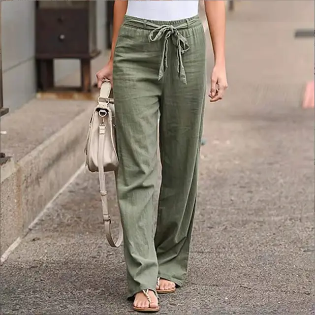 European And American Cotton And Linen Casual Wide leg Pure Color Elastic Waist Lace up Loose Women's Trousers Army Green - Shop at LoveMi