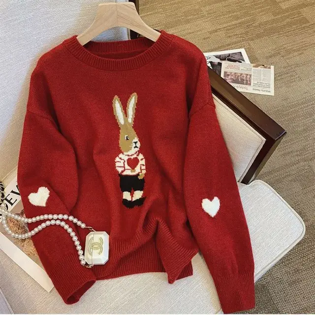Cute Youth looking Pullover Cartoon Rabbit Jacquard Long sleeved Sweater Wine Red - Shop at LoveMi