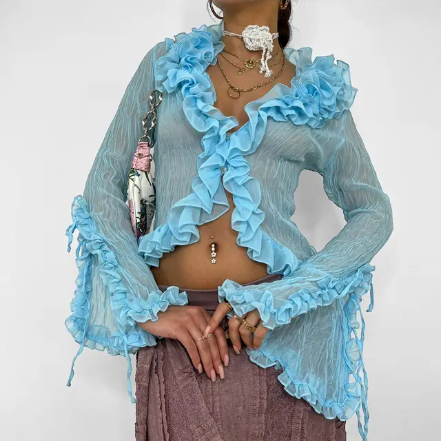 Slim Fit Cinched Mesh Ruffle Top See through Lace Shirt Blue - Shop at LoveMi