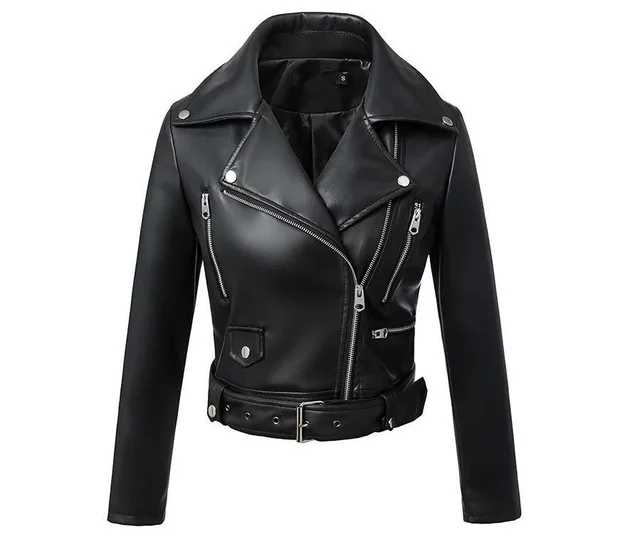Women's Short Slim High Waist Motorcycle Leather Jacket Black - Shop at LoveMi