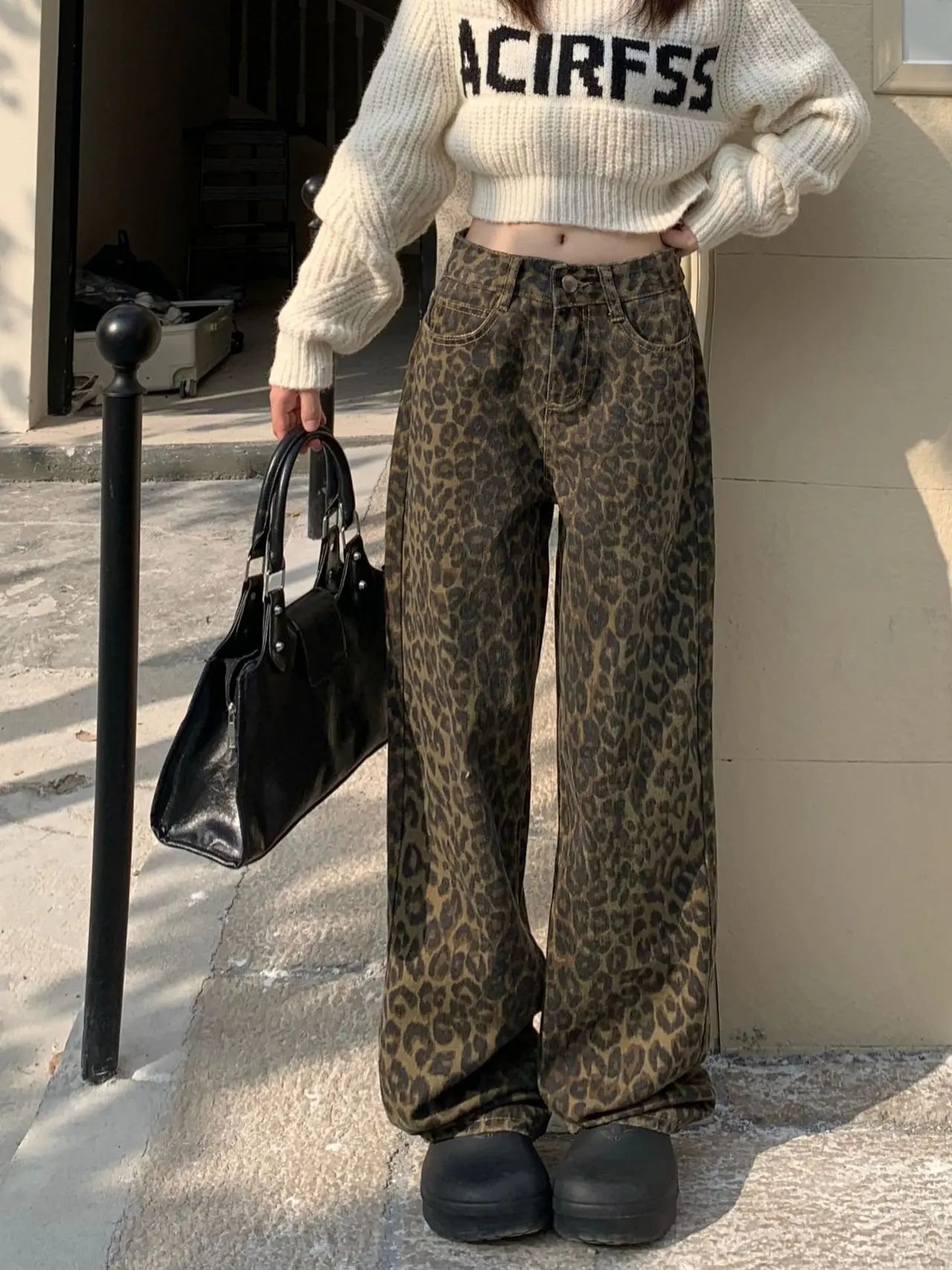Leopard Print All-matching Jeans Loose Straight Casual Wide-leg Pants - Leopard Print