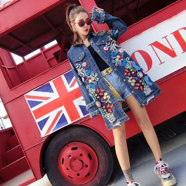 Machine Embroidery Ripped Mid length Street Denim Coat Denim Blue - Shop at LoveMi