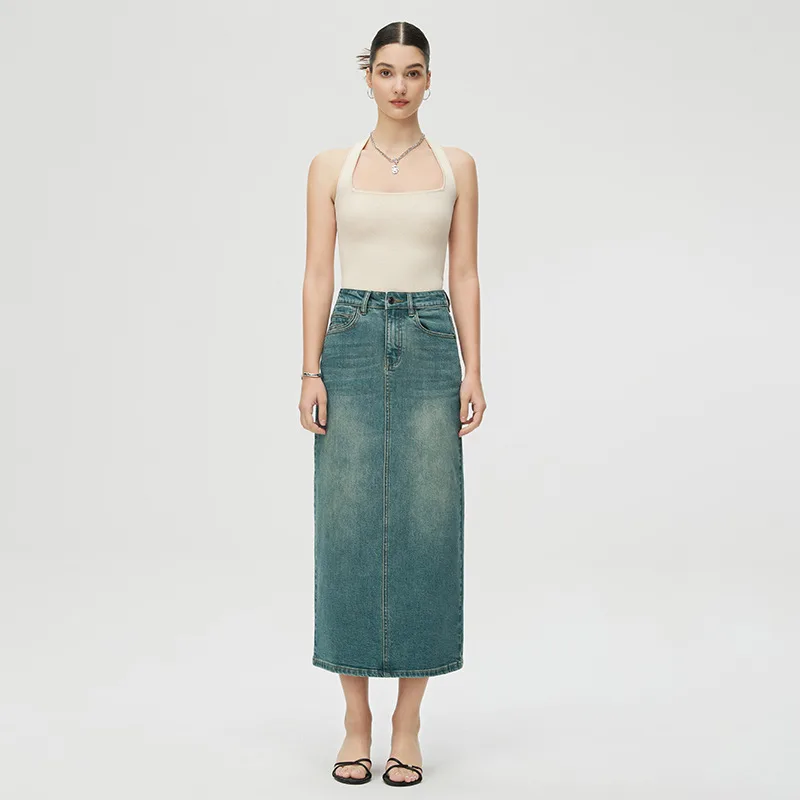 Women's Fashion Retro Slit Denim Skirt Dark Green - Shop at LoveMi