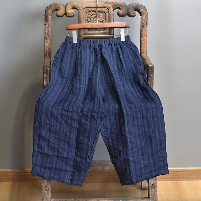 Cropped Artistic Casual Elastic Waist Loose Plus Size Linen Women's Pants Dark Blue - Shop at LoveMi
