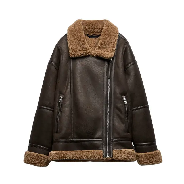 Lapel Loose Long Sleeve Lamb Integrated Double sided Jacket Dark Brown - Shop at LoveMi