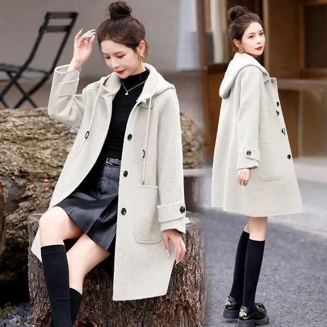 Women's Knitted Hooded Temperament Woolen Coat Beige - Shop at LoveMi