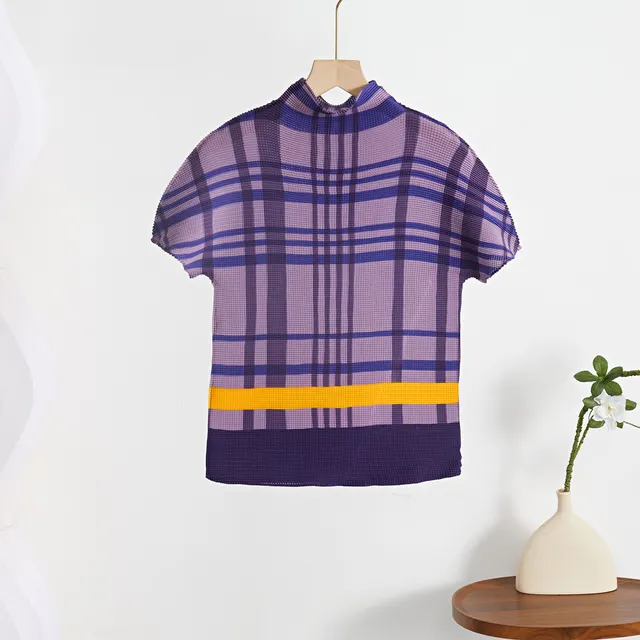 Women's Summer Comfortable Breathable Stretch Short sleeved Top Purple Plaid - Shop at LoveMi