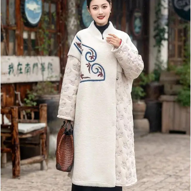 Embroidery Long Thickened Stitching Woman Cotton Dress Coat Beige - Shop at LoveMi