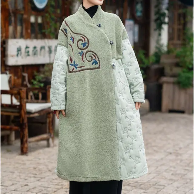 Embroidery Long Thickened Stitching Woman Cotton Dress Coat Light Green - Shop at LoveMi