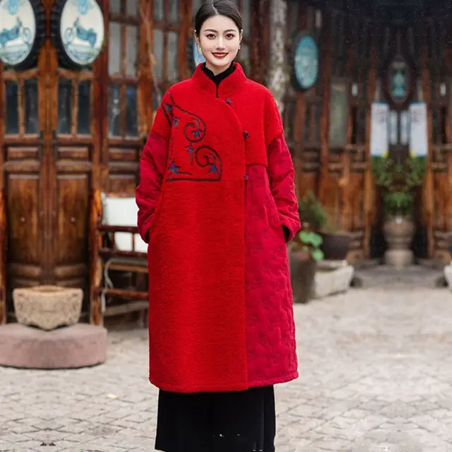 Embroidery Long Thickened Stitching Woman Cotton Dress Coat Red - Shop at LoveMi