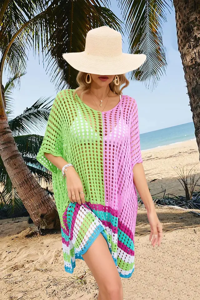 Women's Patchwork Hollow Beach Dress Loose Plus Size Green And Pink - Shop at LoveMi