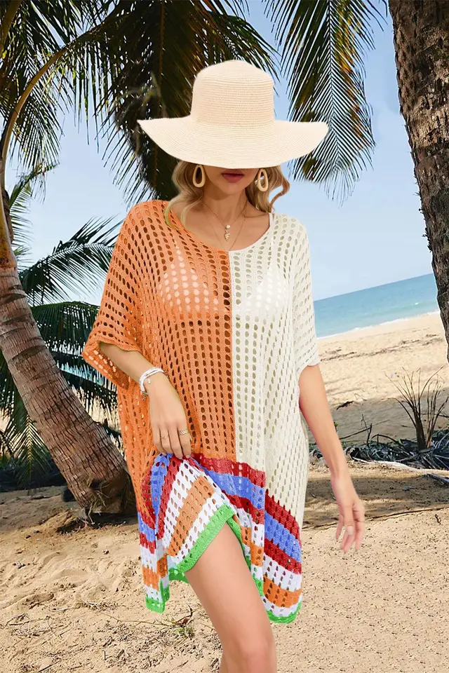 Women's Patchwork Hollow Beach Dress Loose Plus Size Orange Beige - Shop at LoveMi