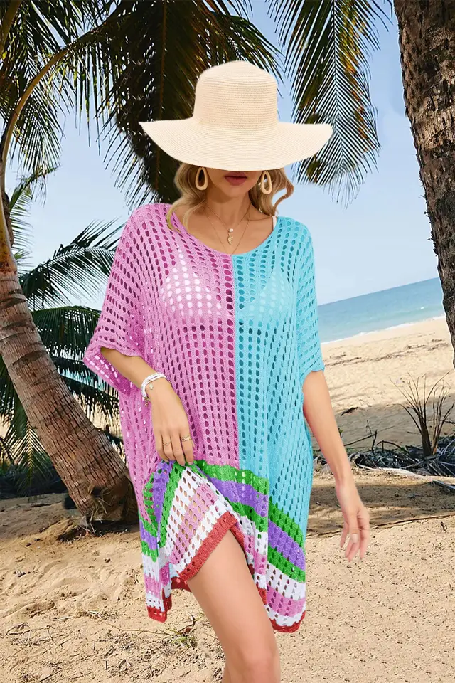 Women's Patchwork Hollow Beach Dress Loose Plus Size Rose Red And Blue - Shop at LoveMi