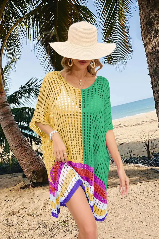 Women's Patchwork Hollow Beach Dress Loose Plus Size Yellow And Green - Shop at LoveMi