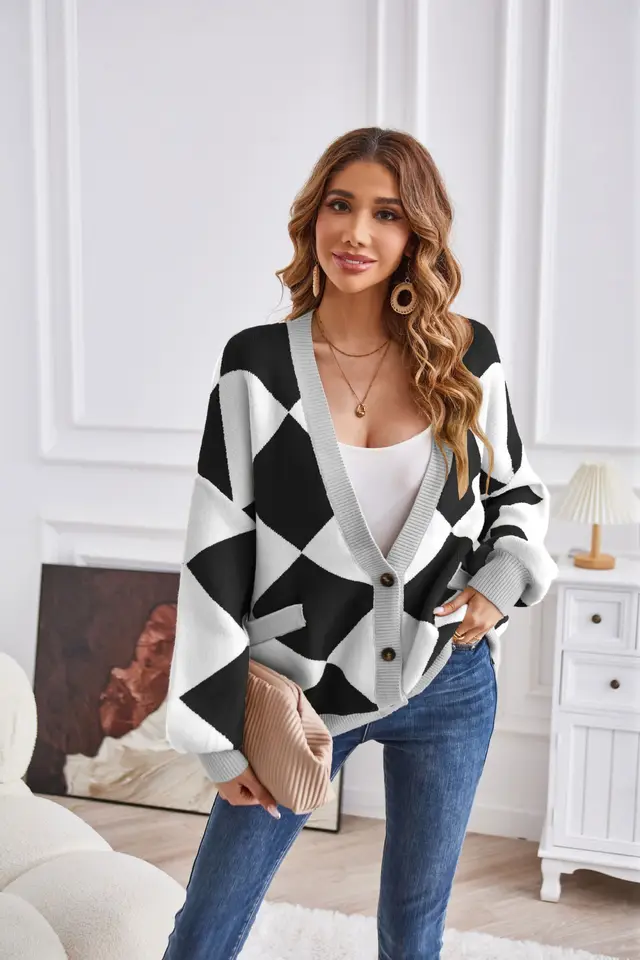 V neck Rhombus Plaid Patchwork Knitting Cardigan Coat For Women Black And White - Shop at LoveMi