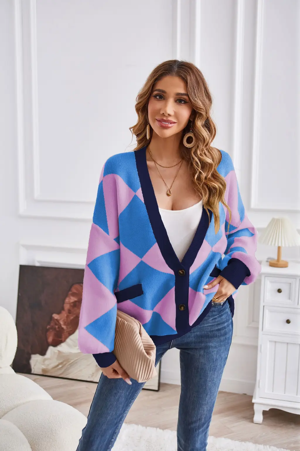 V-neck Rhombus Plaid Patchwork Knitting Cardigan Coat For Women - Blue And Purple