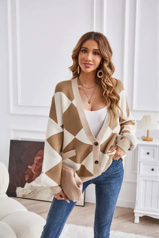 V neck Rhombus Plaid Patchwork Knitting Cardigan Coat For Women Khaki - Shop at LoveMi